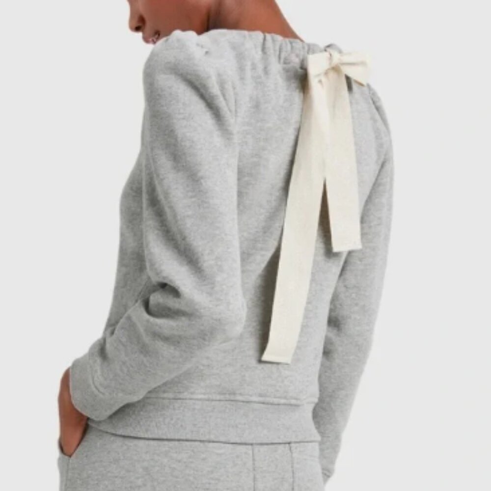 G. Goop Steiner Gray Back Tie Neck Puff Shoulder Sweatshirt M